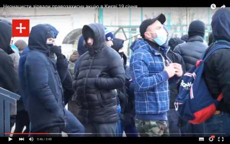 19 January: Azov activists disrupt anti-fascist commemoration in Kyiv. Screenshot taken from YouTube.